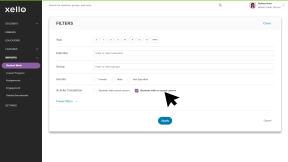 Filters menu open with the filters "Students with assessment results" and "Students without assessment results" selected